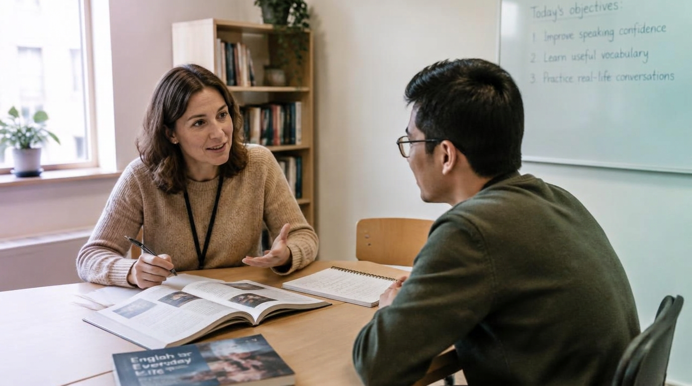 A teacher and adult learner conversing over textbooks in a bright classroom