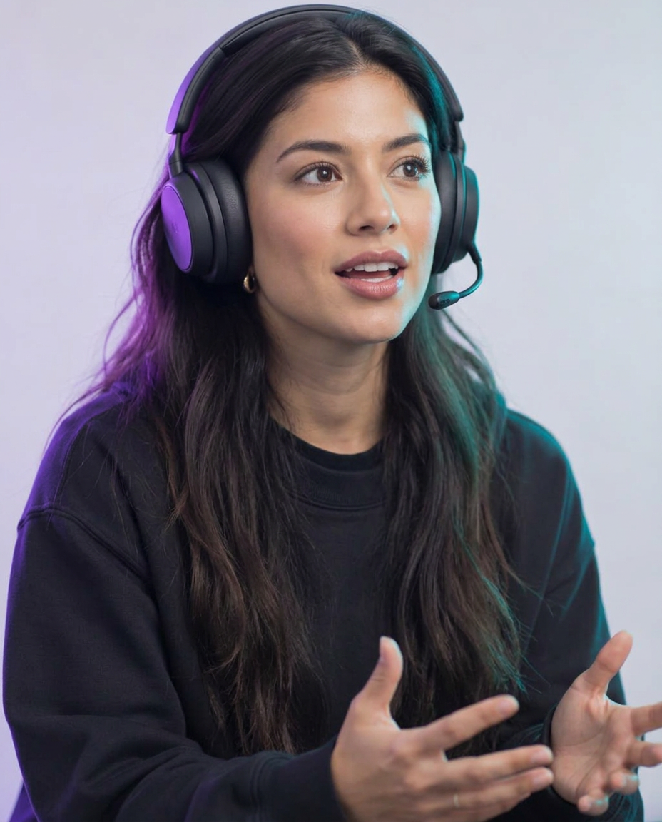 A woman wearing a headset and speaking during an online FluencyFlow assessment
